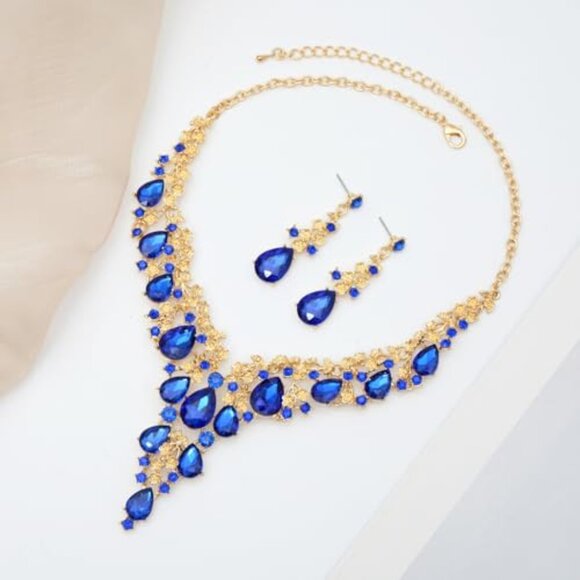 Elegant Crystal Jewelry Set Flower Bridal Necklace Earrings Bangle Wedding - Picture 5 of 8